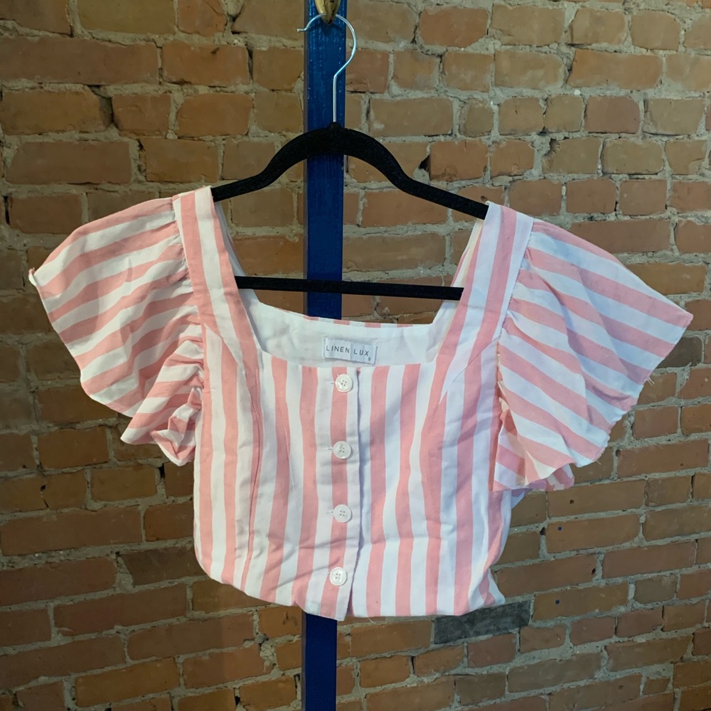 Pink and White Button Top